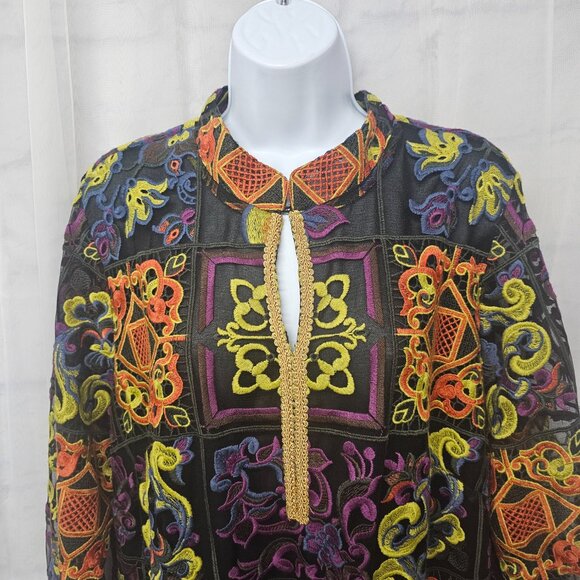 Rara Avis by Iris Apfel Kaftan Dress Maxi Embroidered Mesh Artsy Black Orange 1X - Picture 2 of 15